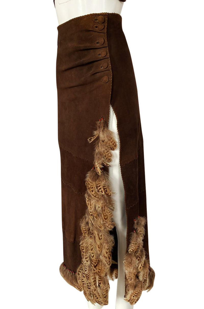 1960s North Beach Leather Suede & Feather Halter Top & Wrap Skirt Set