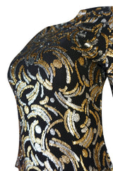 1970s Galanos Metallic Silver & Gold Lurex on Black Silk Dress