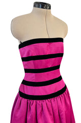 Prettiest Fall 1980 Oscar de la Renta Strapless Pink Silk Matte Satin Dress w Velvet Bows