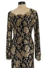 Exceptional Fall 1986 Chanel by Karl Lagerfeld Runway Metallic Gold Thread on Black Silk Net Dress