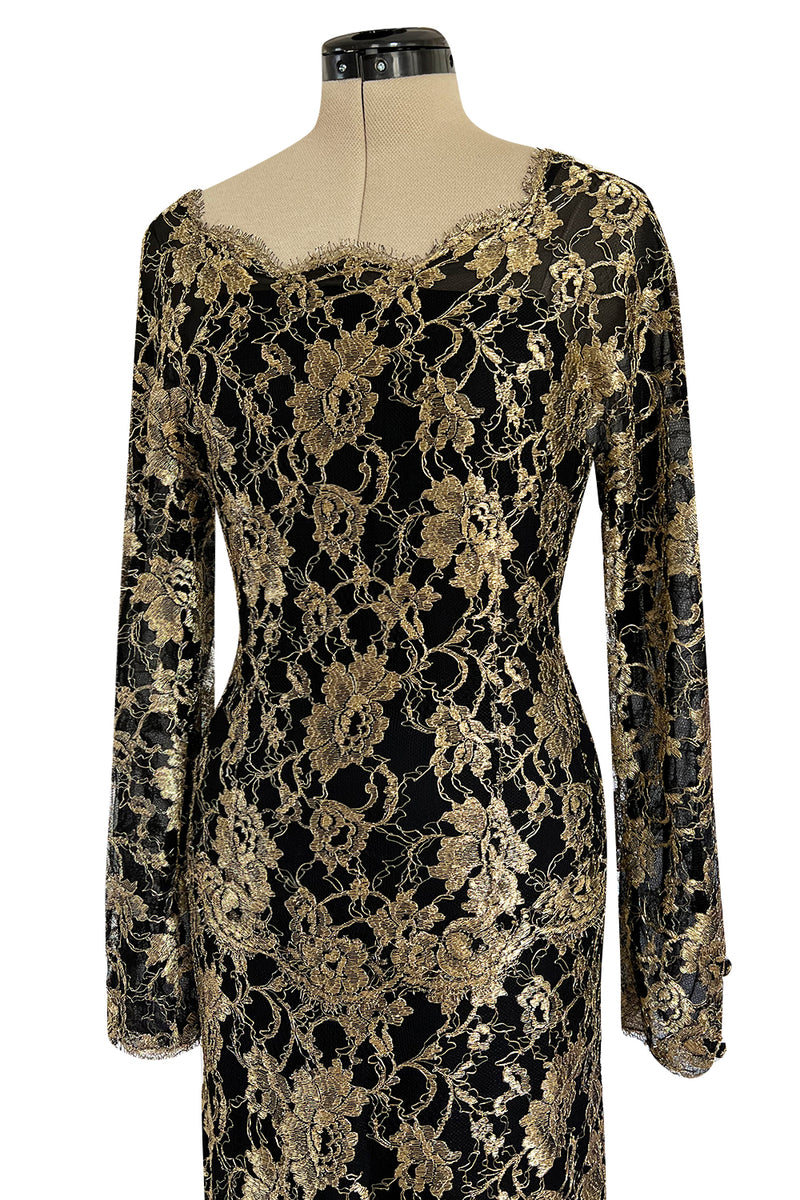 Exceptional Fall 1986 Chanel by Karl Lagerfeld Runway Metallic Gold Thread on Black Silk Net Dress