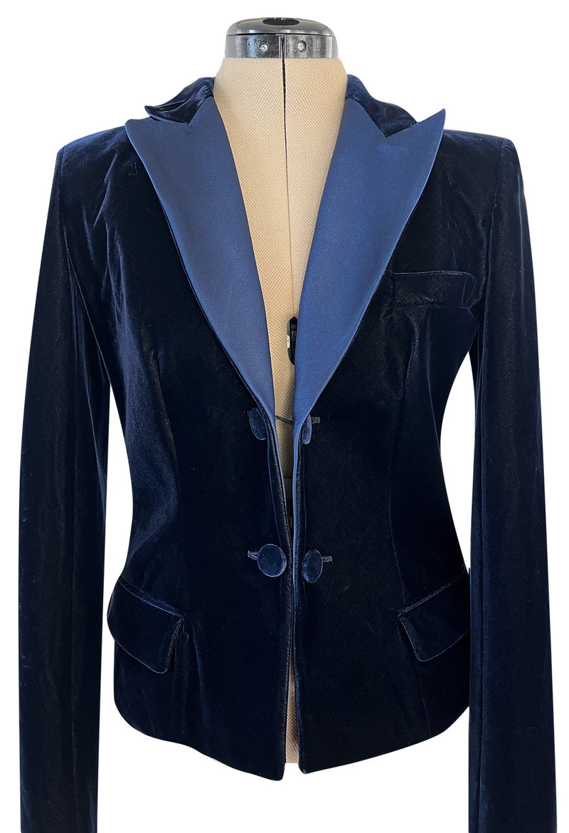 Runway Fall 2002 Yves Saint Laurent Blue Velvet Jacket w Long Sleeves & Tuxedo Collar