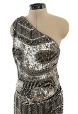 Spring 1981 Unlabeled Halston One Shoulder Silver Sequin & Black Silk Chiffon Dress