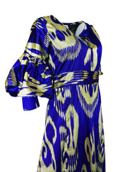 Recent Zazi Vintage Silk Ikat "Madhu" Bliue & Gold Caftan Dress