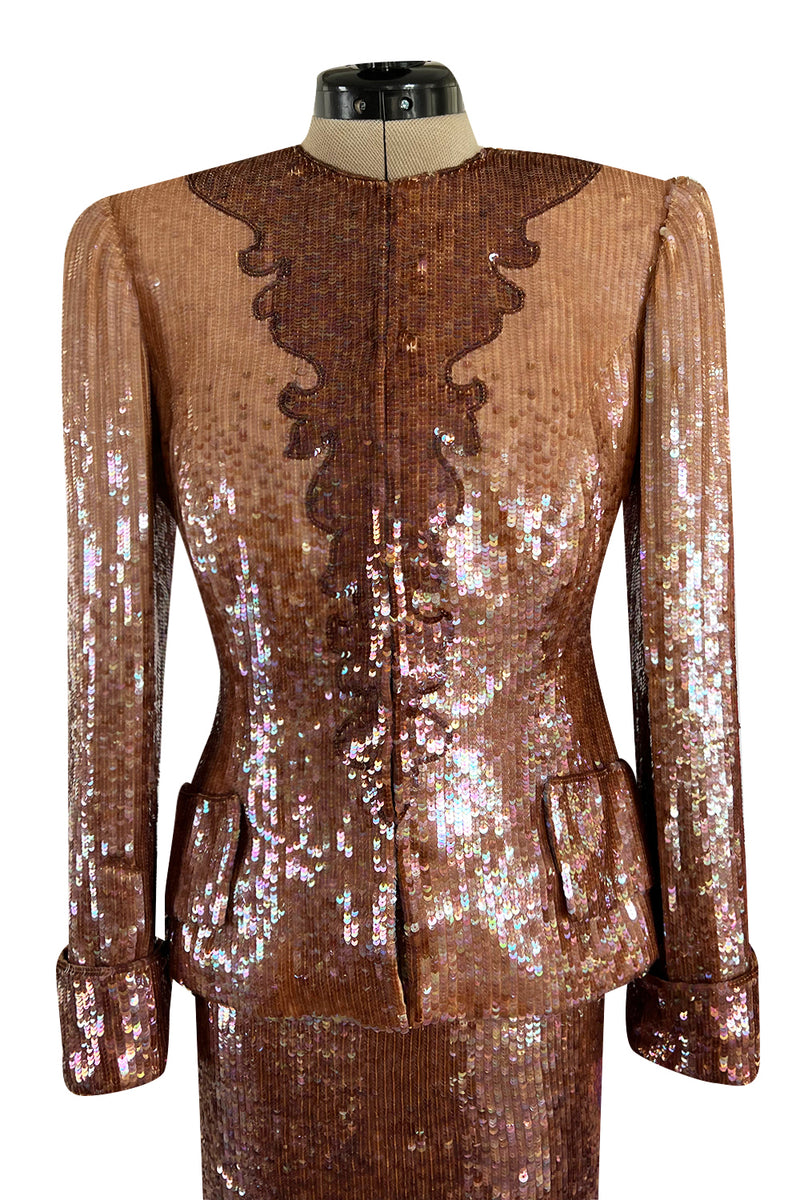 Fabulous 1980s John Anthony Couture Pink & Bronze Fully Sequinned Strapless Dress & Matching Jacket