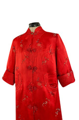 Gorgeous 1950s Red Silk Embroidered Asian Evening Coat w Top Stitched Cuffs & Collar