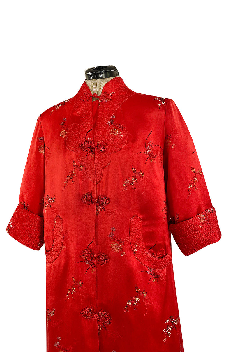 Gorgeous 1950s Red Silk Embroidered Asian Evening Coat w Top Stitched Cuffs & Collar