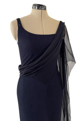 Fabulous 2002 Chanel Cruise Collection Stretch Jersey & Draped Silk Chiffon Midnight Blue Dress