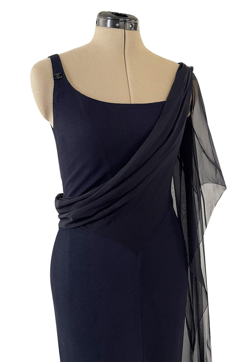 Fabulous 2002 Chanel Cruise Collection Stretch Jersey & Draped Silk Chiffon Midnight Blue Dress