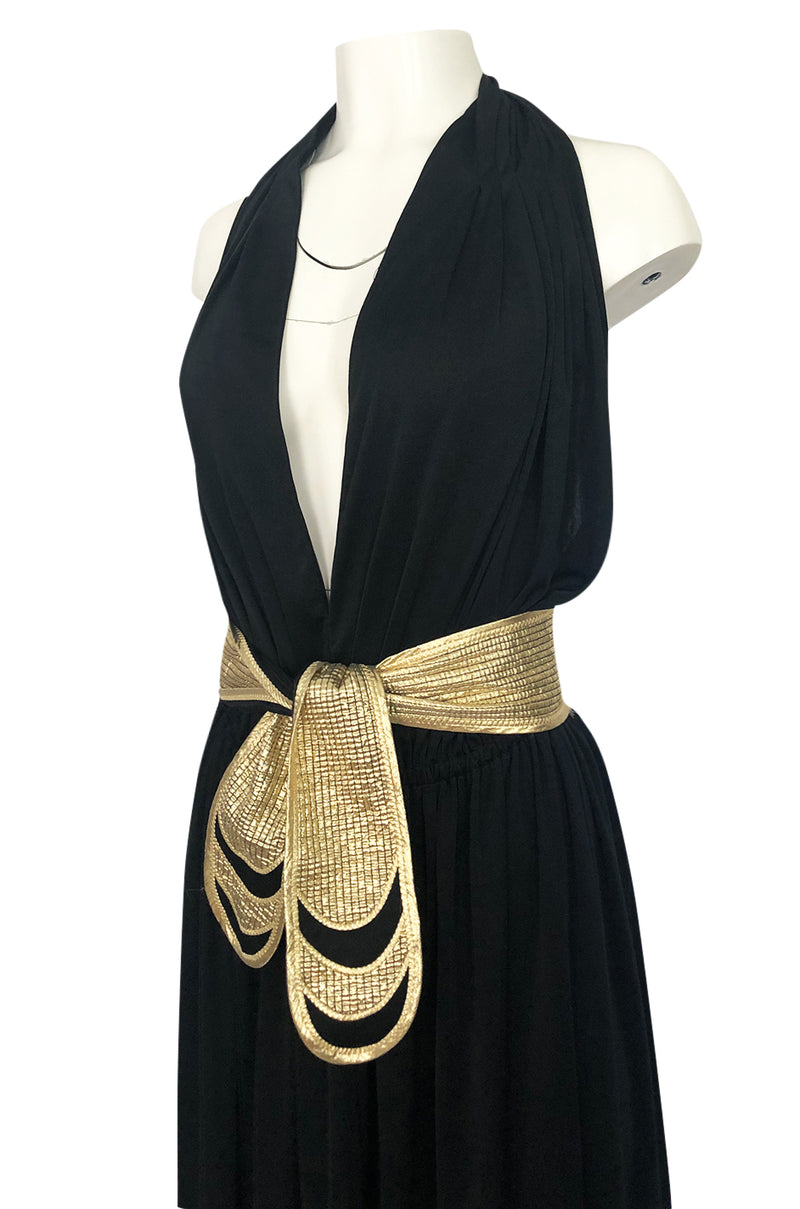 Documented 1980 Bill Tice Plunge Front Black & Gold Backless Halter Dress