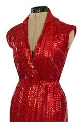 Iconic 1970s Halston Couture Glossy Red Sequin Full Length Wrap Dress w Plunge Front