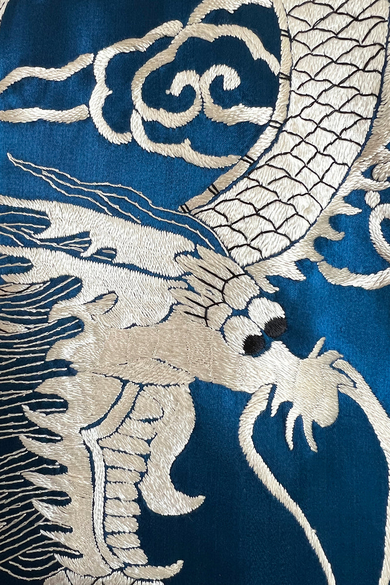 Decadant 1920s Unlabeled Deep Blue Silk Kimono w Hand Embroidered Dragons