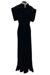 Stunning 1930s Black Silk Velvet Bias Cut Dress w Top Stitched Sleeves & Silver Glitter Buttons
