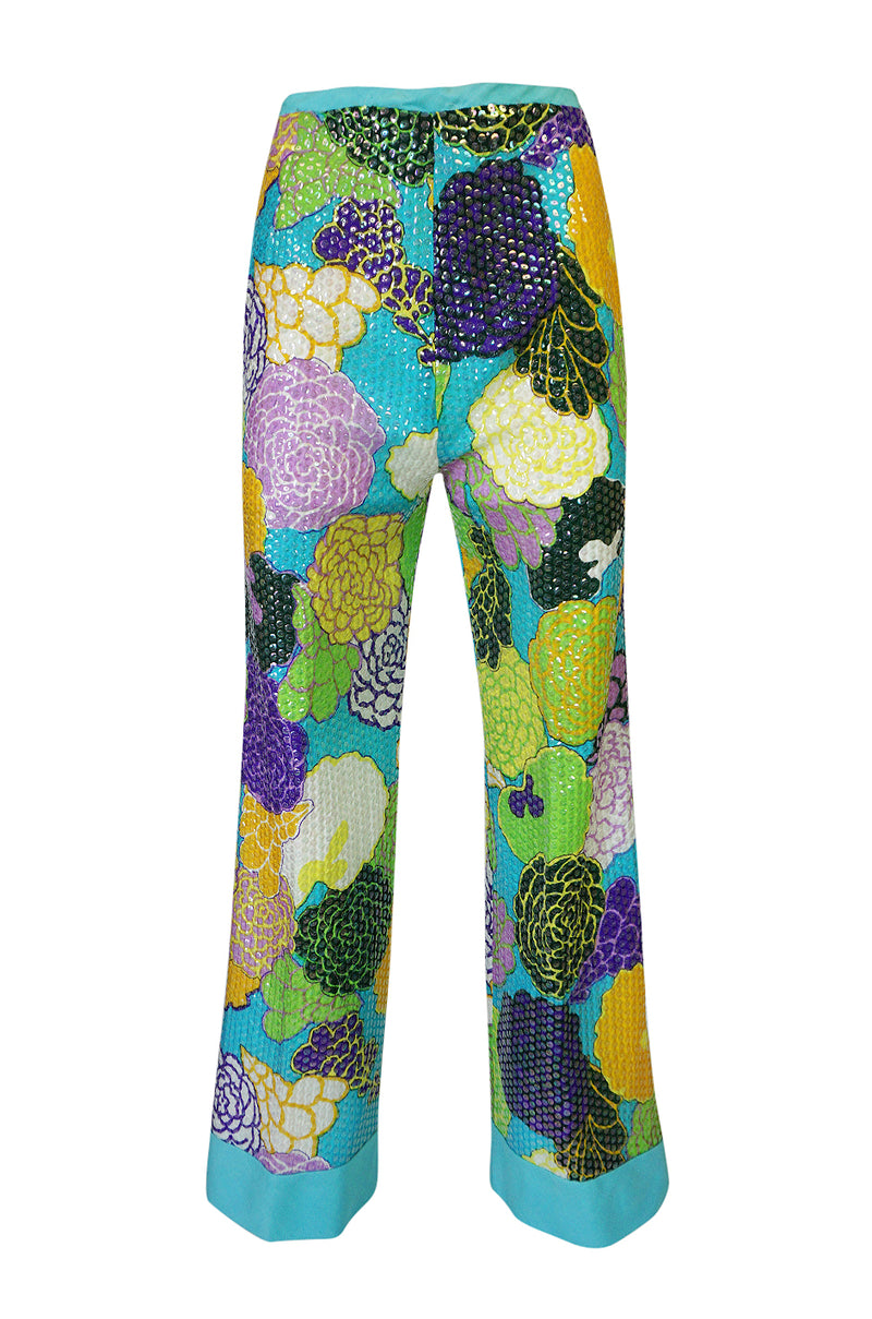 1962-1965 Bob Bugnand Densely Sequin Floral Printed SIlk Pant Suit Set