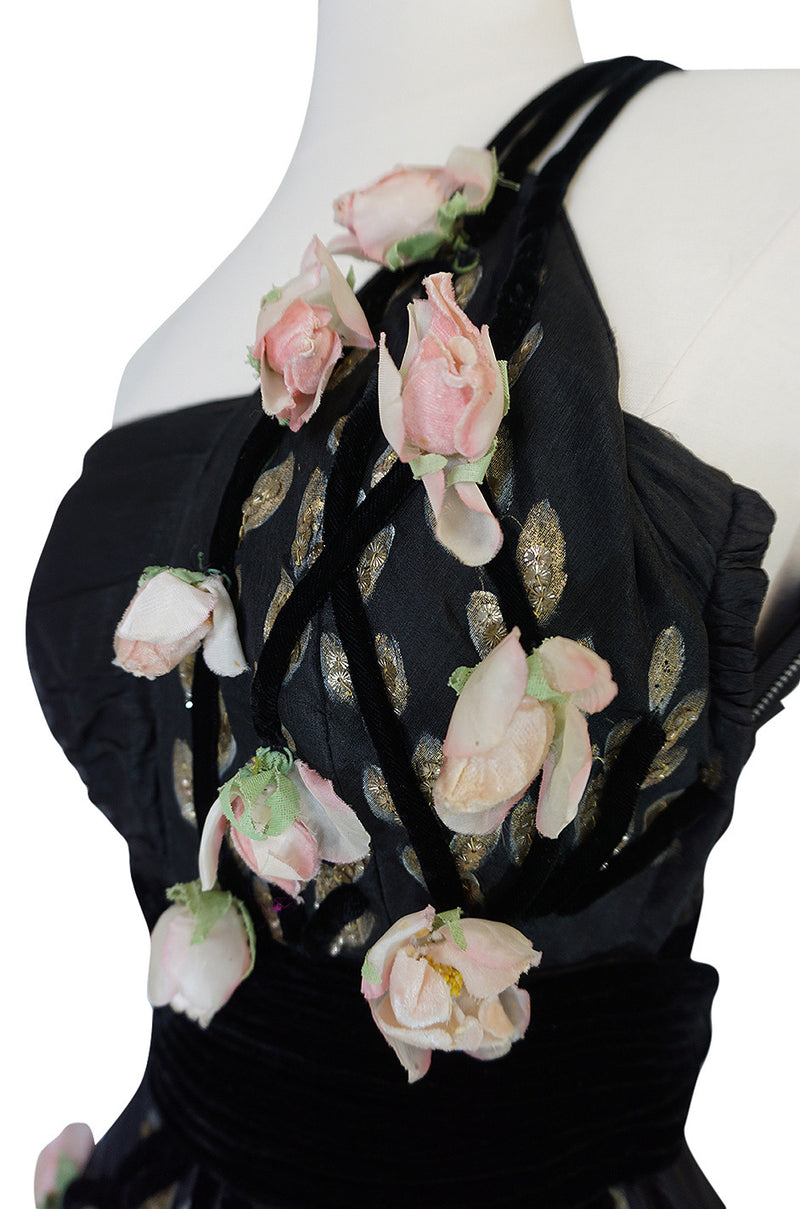 1940s Hand Painted & 3D Floral Detail Black Silk Organza Dress