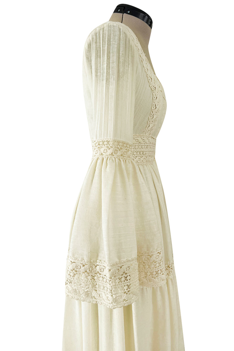 Bohemian 1970s Victor Costa Mexican Wedding Dress Feel Ivory Cotton & Lace Dress