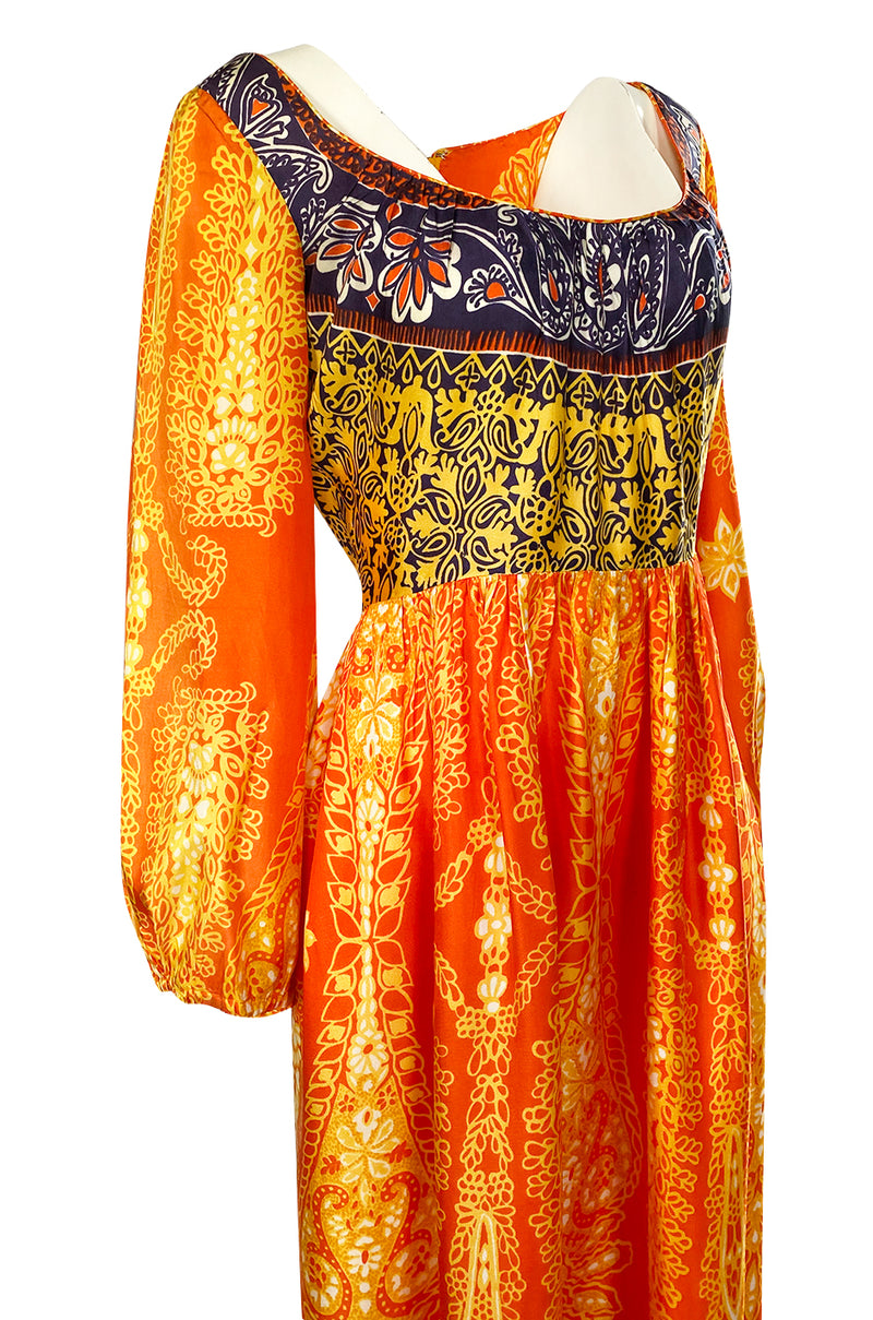 1960s Lucie Ann Silky Rayon Bright Orange Scarf Print Caftan Hostess Dress