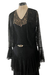 Light as Air Late 1920s Unlabeled Fine Black Lace Dress w Matching Jacket & Rhinestone BuckleBelt