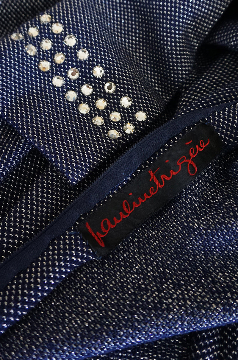 1970s Pauline Trigere Blue Lurex & Rhinestone Dress