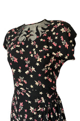 1940s Unlabeled Prettiest Dove & Star Novelty Print Silky Rayon Dress