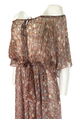 1970s Scott Barrie Off Shoulder Taupe Print Silk Chiffon Midi Dress