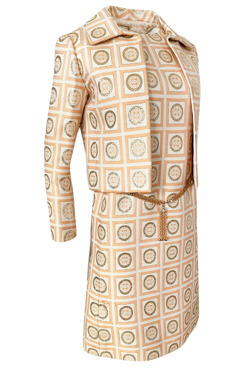 1960s Christian Dior Demi-Couture Peach & Metallic Gold Dress & Jacket