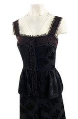 Rare 1970s Mary Quant Black Silk Floral Weave Maxi Dress w Peplum & Ruffled Hem
