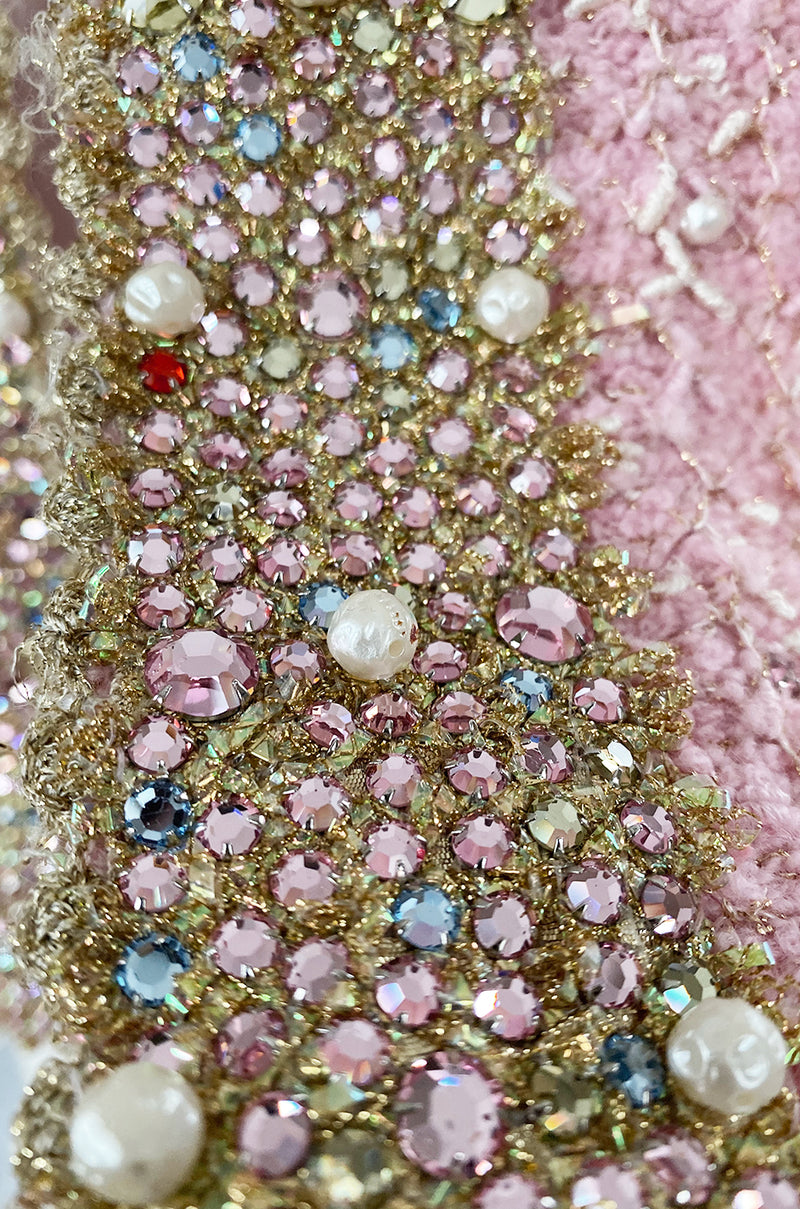 Stunning 1970s Adolfo Pale Pink Beaded Pearl, Rhinestone & Gold Jacket