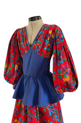 Spring 1983 Yves Saint Laurent Red Floral Print Balloon Sleeve Dress w Corset Waist & Peplum