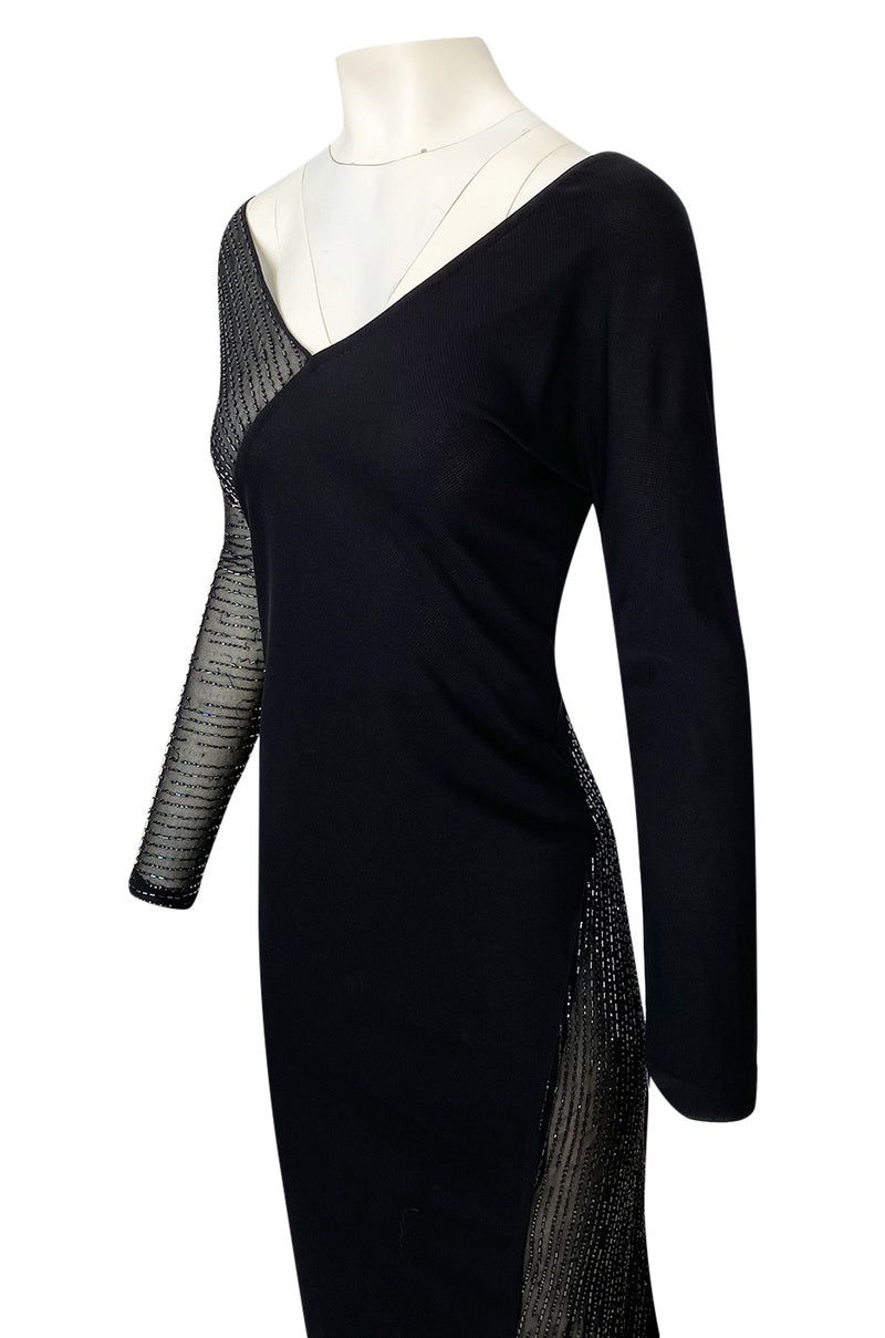 Fall 1997 Halston Black Bias Cut Jersey Dress w Transparent Beaded Net Panel