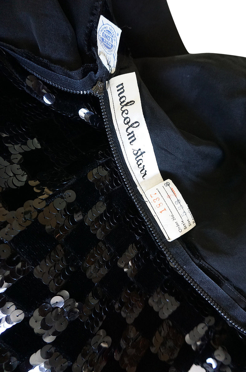 1960s Sequin & Velvet Checked Black Malcolm Starr Dress