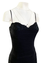 1980s Vicky Tiel Couture 'Kaimak' Gathered Black Net Fitted Dress w Beading Detailing