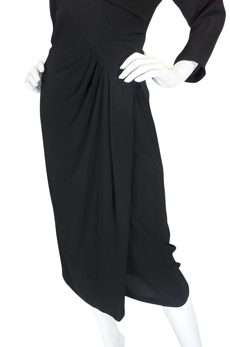 1950s Dorothy O'Hara Draped Front Black Crepe Dress