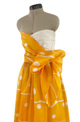 Spring 1985 Bill Blass Dotted Yellow & White Silk Organza Ad Campaign Strapless Dress
