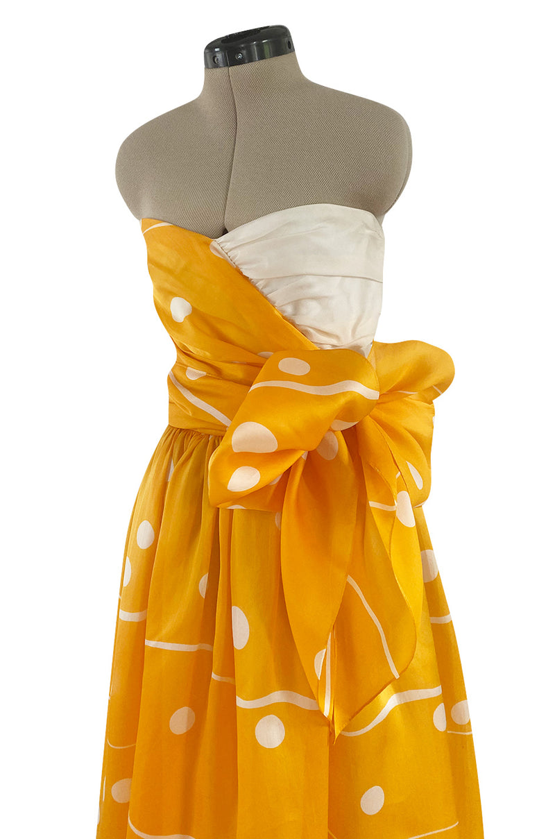 Spring 1985 Bill Blass Dotted Yellow & White Silk Organza Ad Campaign Strapless Dress