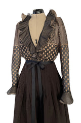 Incredible 1980s Unlabeled Haute Couture Silk Net & Brown Silk Taffeta Plunge Front Dress