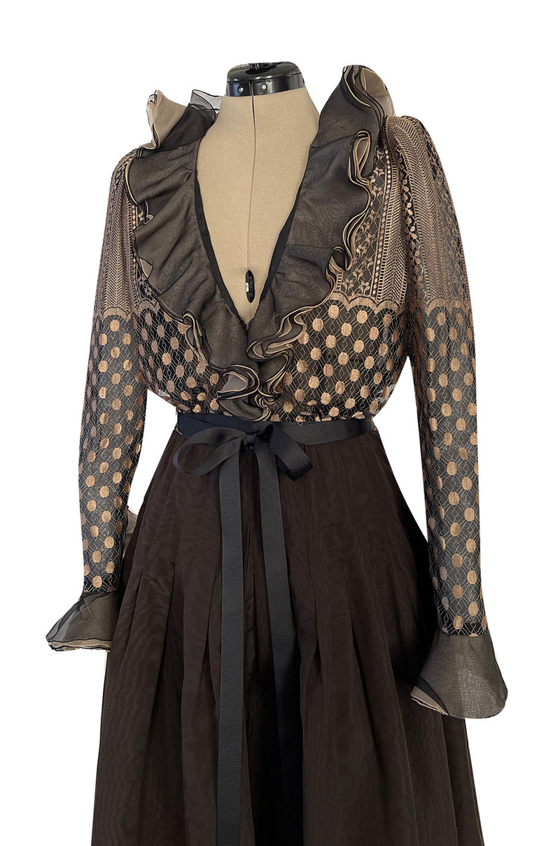Incredible 1980s Unlabeled Haute Couture Silk Net & Brown Silk Taffeta Plunge Front Dress