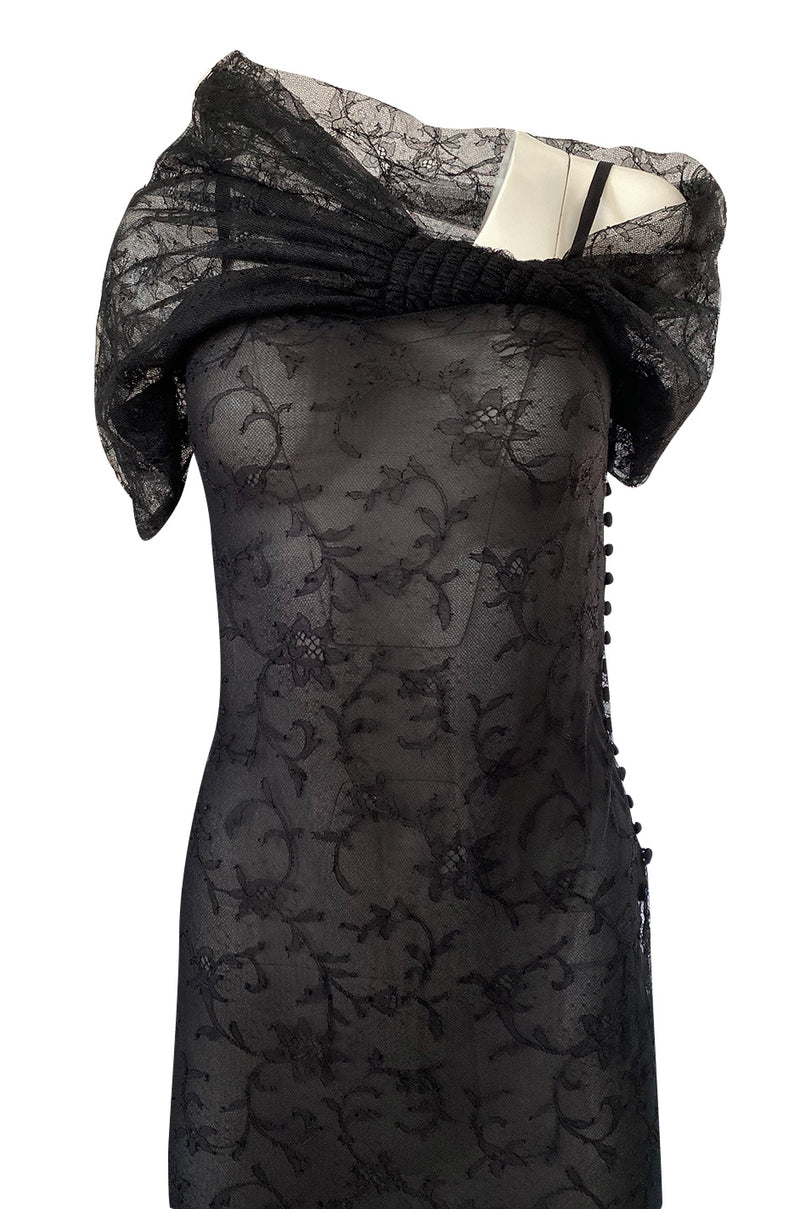 Incredible 2000s John Galliano Fine Black Lace Dress w Train & High Collar