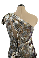 1970s Mollie Parnis Metallic Silver Gold & Copper Fluid Velvet One Shoulder Dress