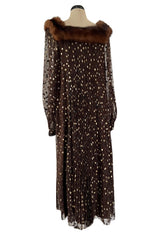 1970s Givenchy by Hubert de Givenchy Haute Couture Gold Metallic Dot on Silk Chiffon Dress w Mink Trim
