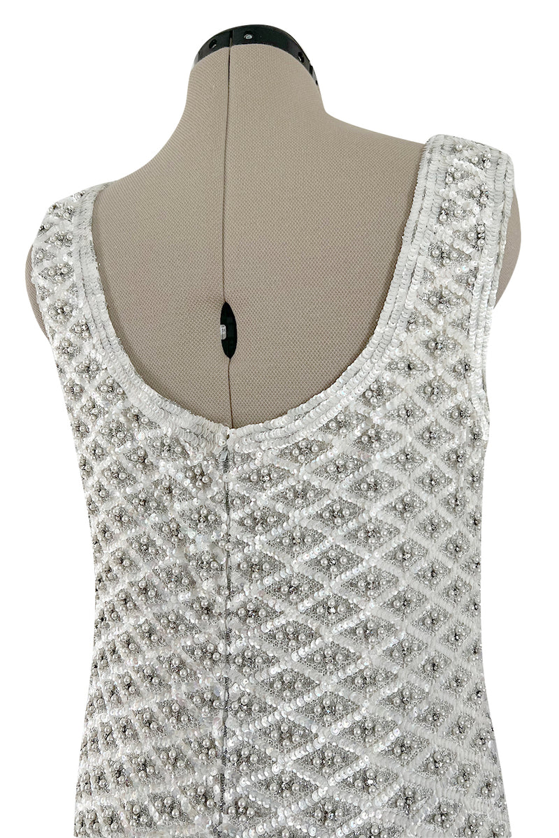 Fabulous 1960s Madeleine de Rauch Haute Couture Pearl White Sequin & Rhinestone Dress