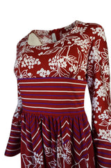 1970s Lanvin Deep Red & White Jersey Floral & Stripe Print Dress