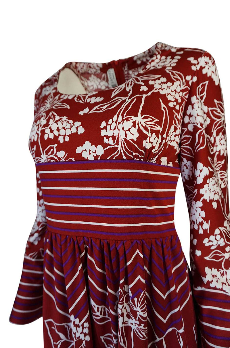 1970s Lanvin Deep Red & White Jersey Floral & Stripe Print Dress