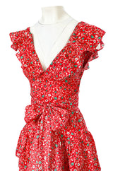 Prettiest 1970s Oscar de la Renta Tiered & Ruffled Tiny Floral Red Dress