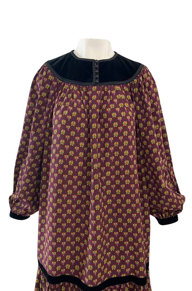 Fall 1977 Yves Saint Laurent Pretty Floral Printed Silk Smock Dress w Velvet Detailing