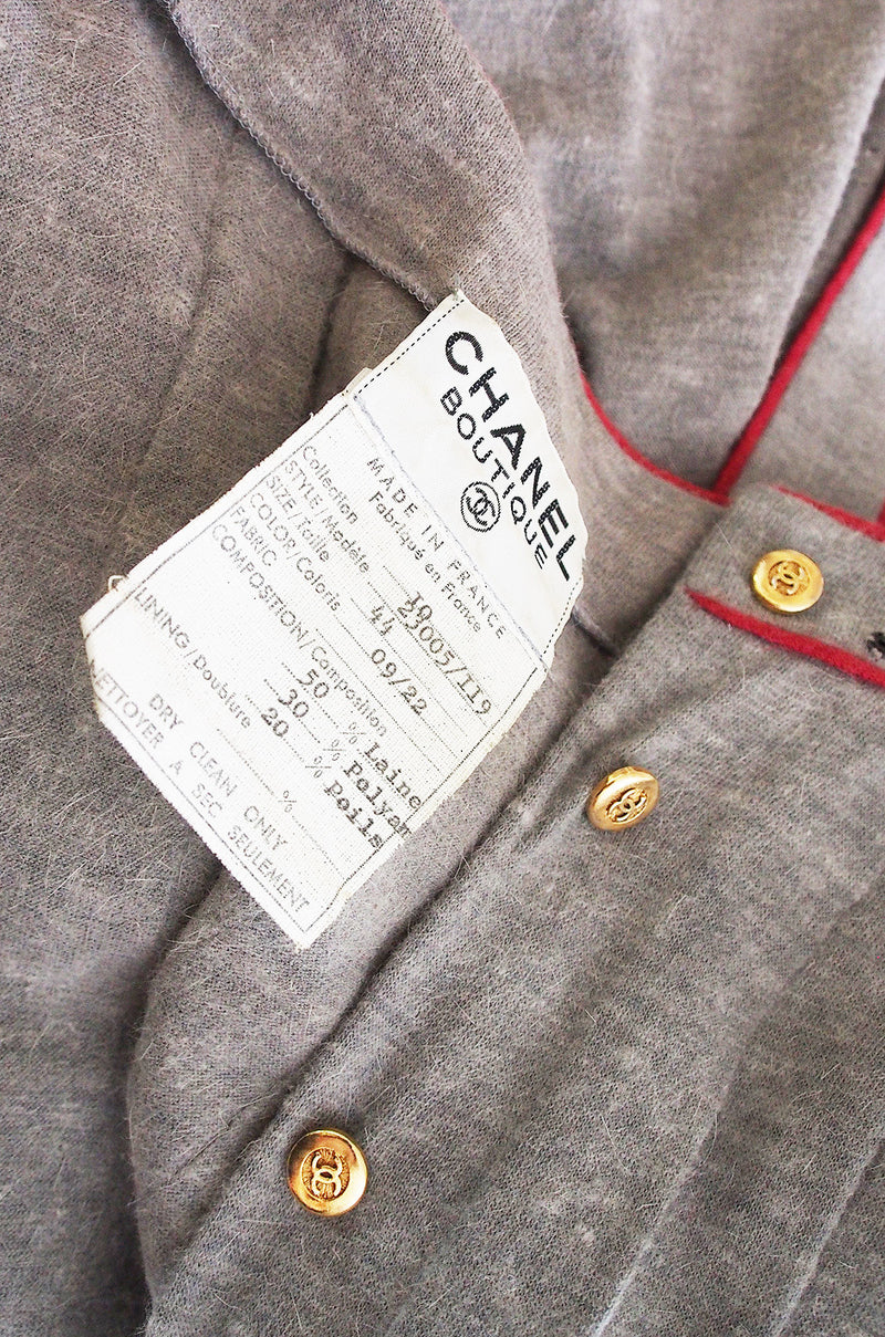 1980s Soft Grey Wool Chanel Button Front Day Dress