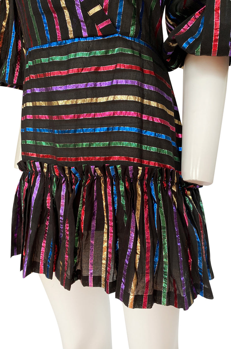 rainbow metallic stripe dress Black with Rainbow Metallic Stripe Puff Sleeve Midi Dress Scamp & Dude