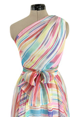 Spectacular 1970s Oscar de la Renta One Shoulder Lightweight Chiffon Rainbow Stripe Dress