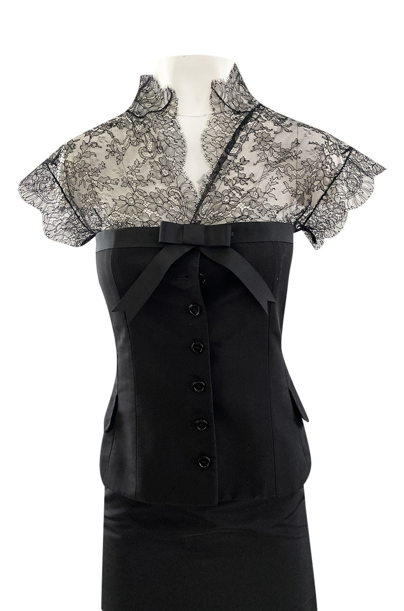 Spring 2004 Alexander McQueen Black Silk Taffeta and Black Lace Detailed Top & Skirt Set