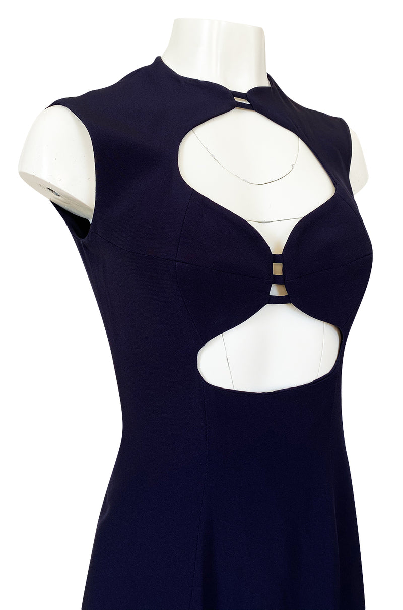 1990s Sophie Sitbon Minimalist Deep Blue Front Cut Out Bralette Dress